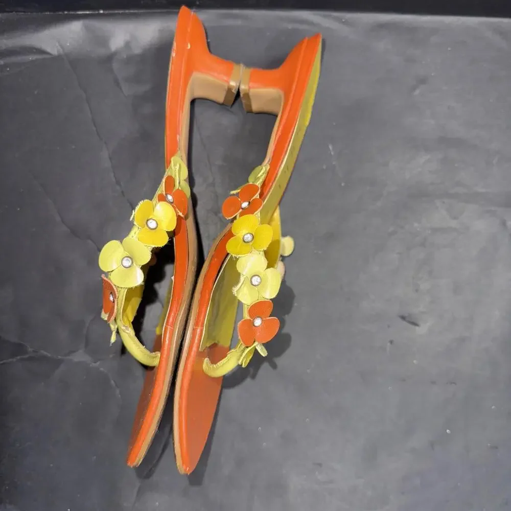 Moda Spana Orange Yellow Kitten Heel Flip Flop Floral Preppy Vintage Y2K Sz 6 - Picture 14 of 15